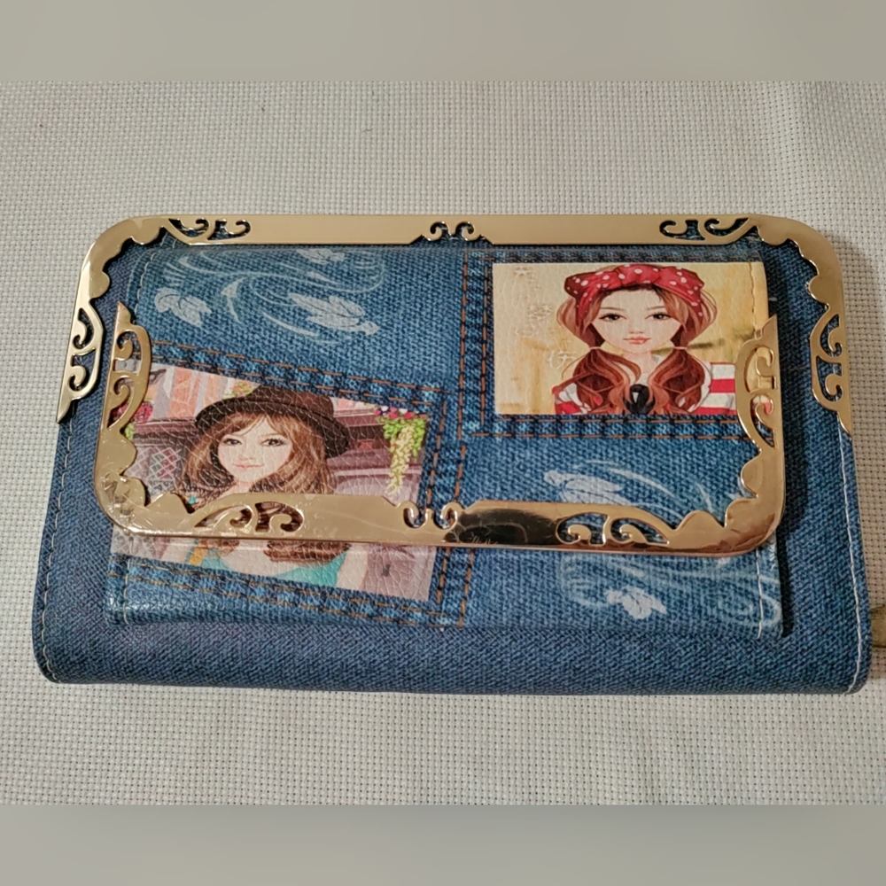 Denim Leather Clutch Ladies Wallet Vintage Purses Cartoo Character 9" X 5.5"